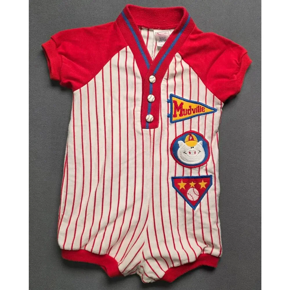 Vintage Buster Brown Boys 18‎ Month Baseball Red Stripe One Piece Mudville Pig
